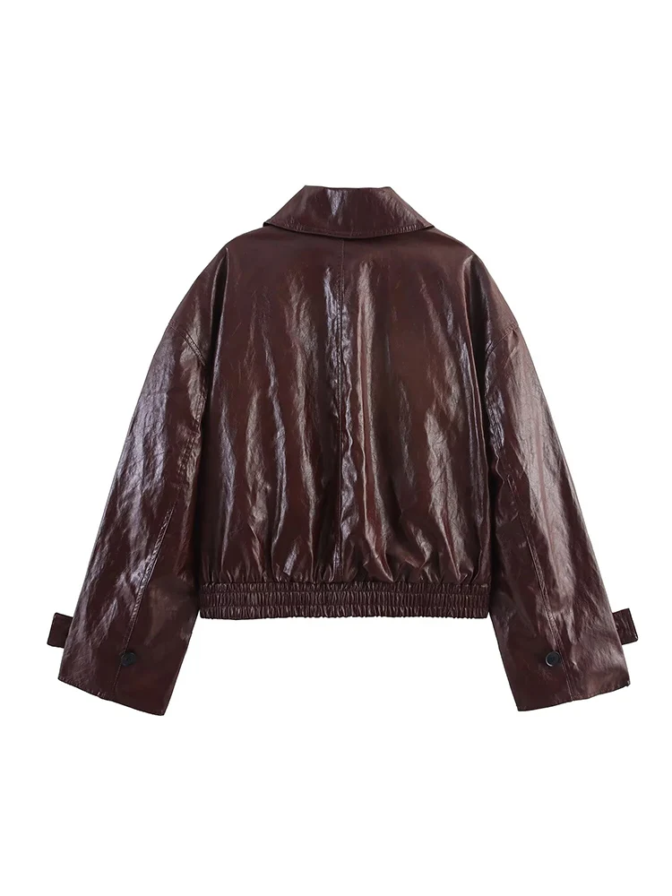 2025 Autumn Women's Leather Jackets Short Coat Fashion PU Solid Color Lapel Outerwear Casual Long Sleeves Loose Lady Tops