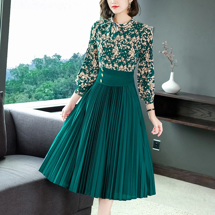 

2023 Spring and Autumn Sanzhai Pleated Dress Flower Print High Elastic Pleated Show Thin Hundred Pleated Large Swing Skirt