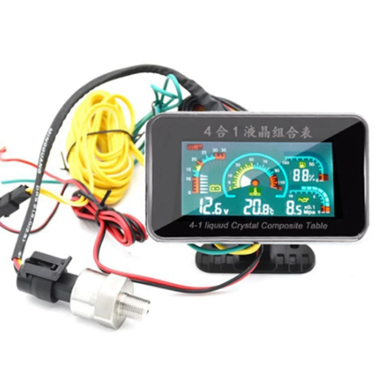 자동차 계기판 오일 압력 연료 수온 12V 전압계, LCD 디지털 알람 계량기 전압계, 4 in 1