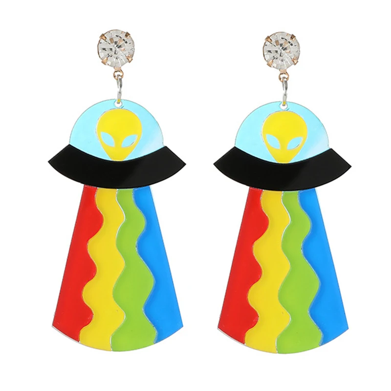 Earrings For Women UFO Acrylic Astronaut Star Lightning Cat Cute Hip Hop Exaggeration Special Creativity Jewelry Rainbow