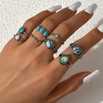 6pc/set Vintage Aesthetic Natural Stone Crystal Rings for Women Blue Opal Ethnic Ring Set Antique Silver Plated Boho Jewelry