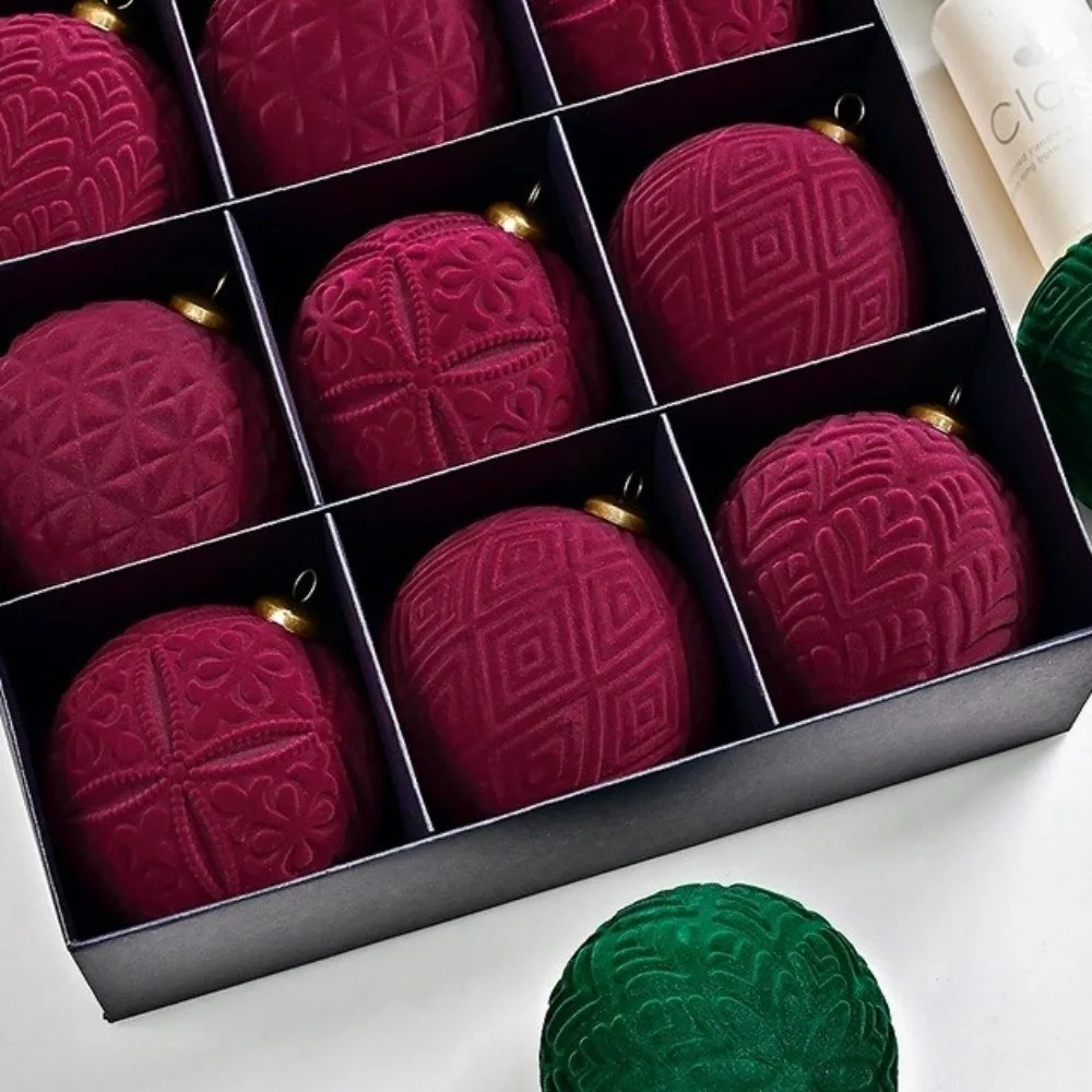 9pcs 10cm Christmas Hanging Balls Flocking Vintage Velvet Christmas Balls Shatterproof Plastic Christmas Spheres