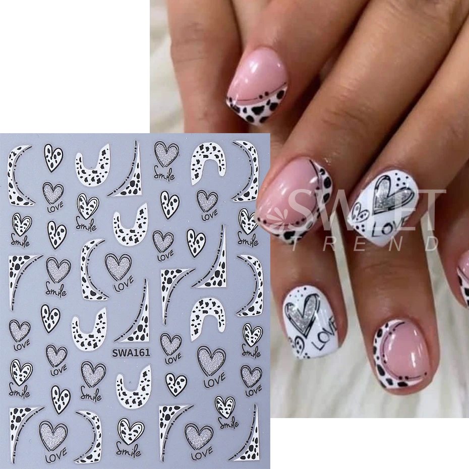 2/3pcs Glitter Silver Pink Love Heart Nail Stickers Leopard Print French Design Nail Decals DIY Valentine's Day Manicure Decor