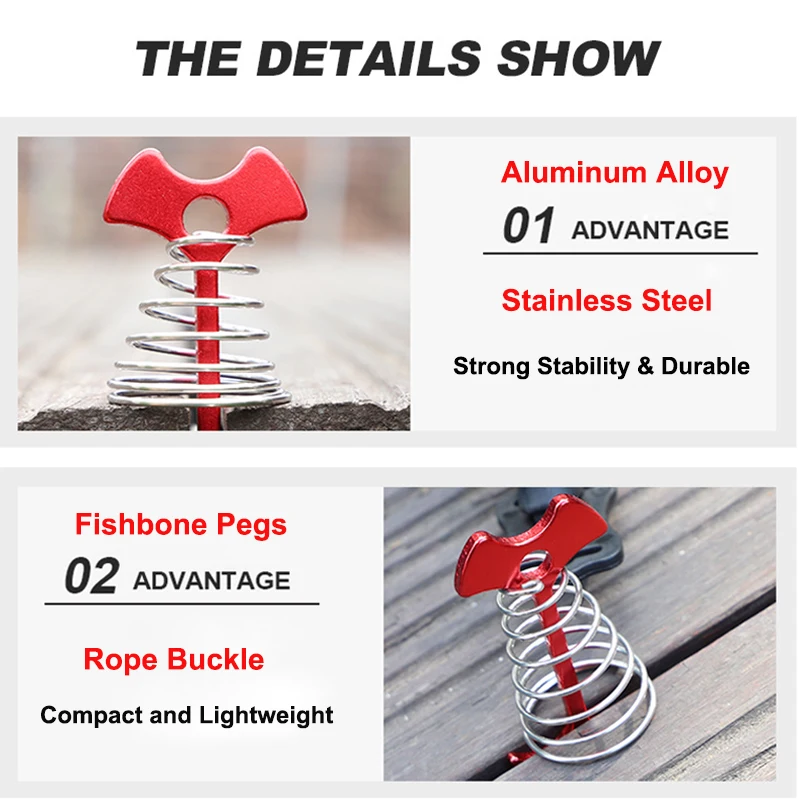 Tent Pegs Camping Tent Accessories Tent Hooks 5/10PCS Spring Fishbone Deck Pegs Tent Stakes Awning Anchor Wind Rope Buckle with Carabiner Deck Fixed Nails