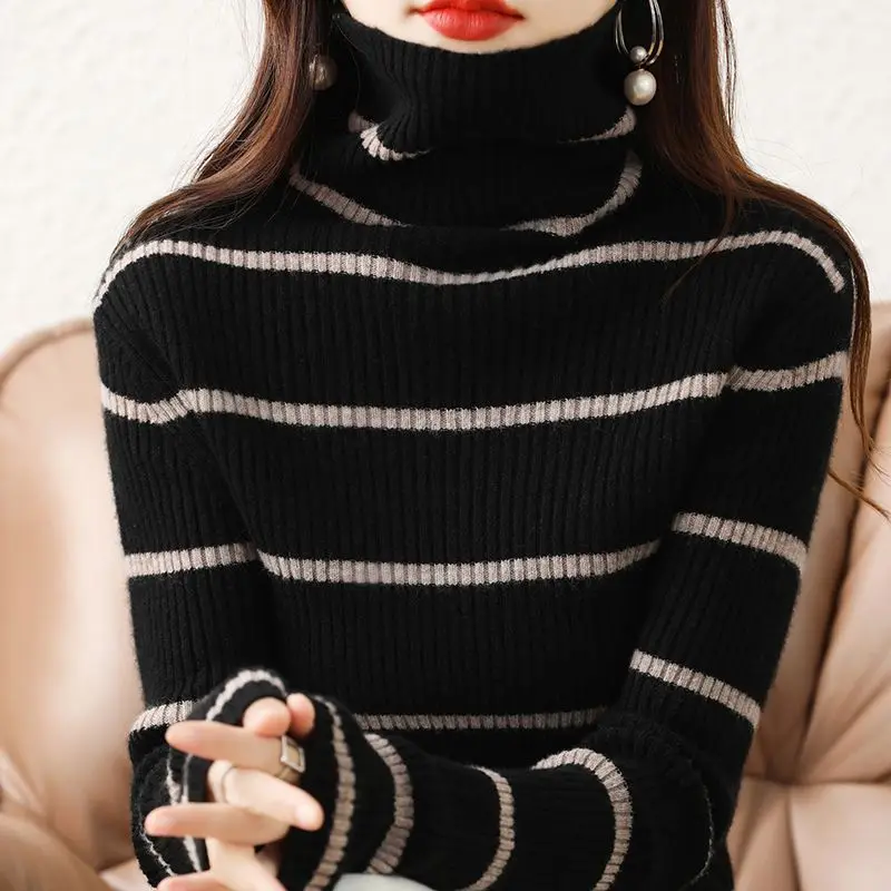 

2023 Autumn Women's New Fashion Commuter Slim Fit Stripe Knit High Neck Long Sleeve Underlay Stacked Collar Sweater Women's Top