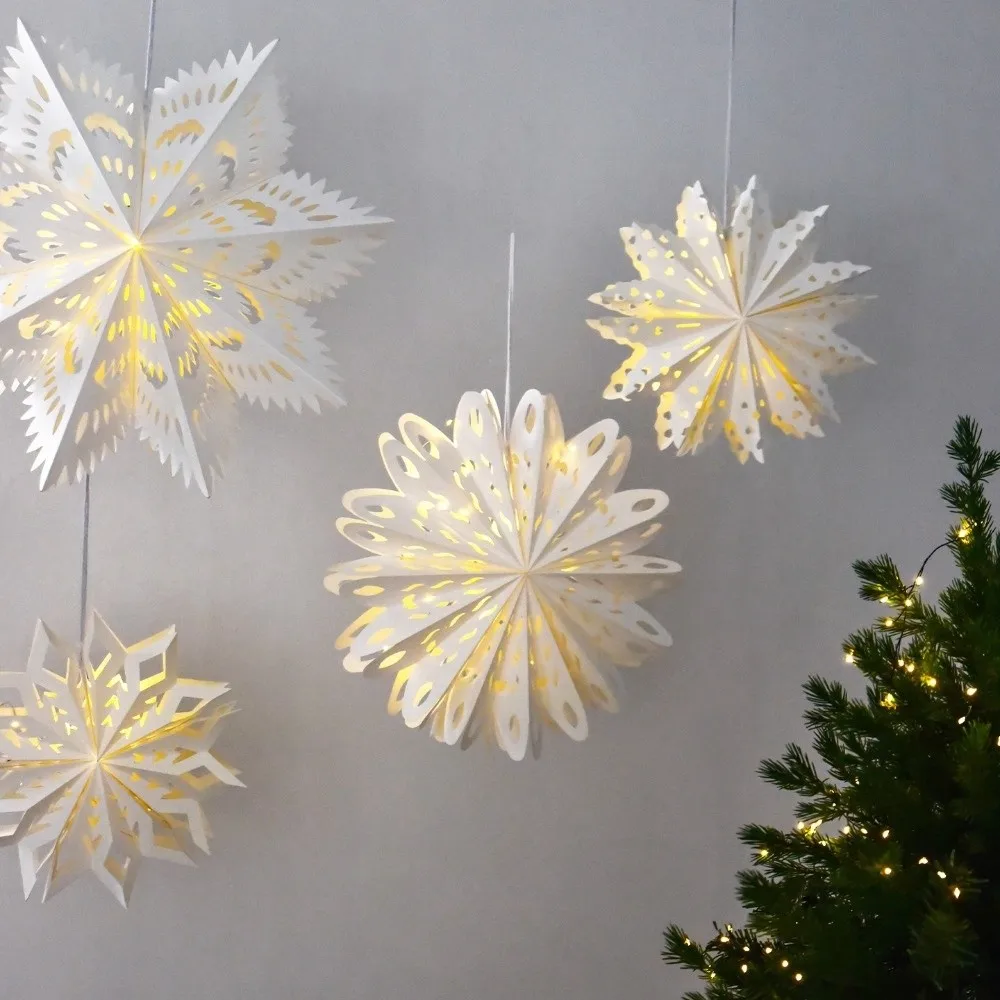 White Christmas Snowflake Ornament DIY 3D Hollow Out Star Paper Lantern Handmade Hollow Star Decoration New Year Decor