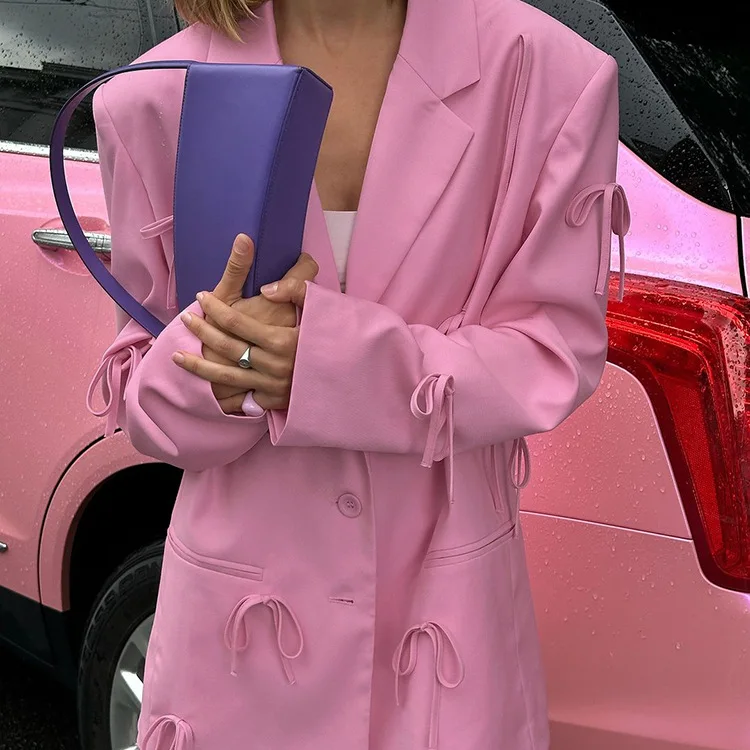 Fashion Luxury Suit Outwear For Women Lace-Up Patchwork Pocket Loose Long Sleeve Cardigan Streetwear Female Solid Coat New