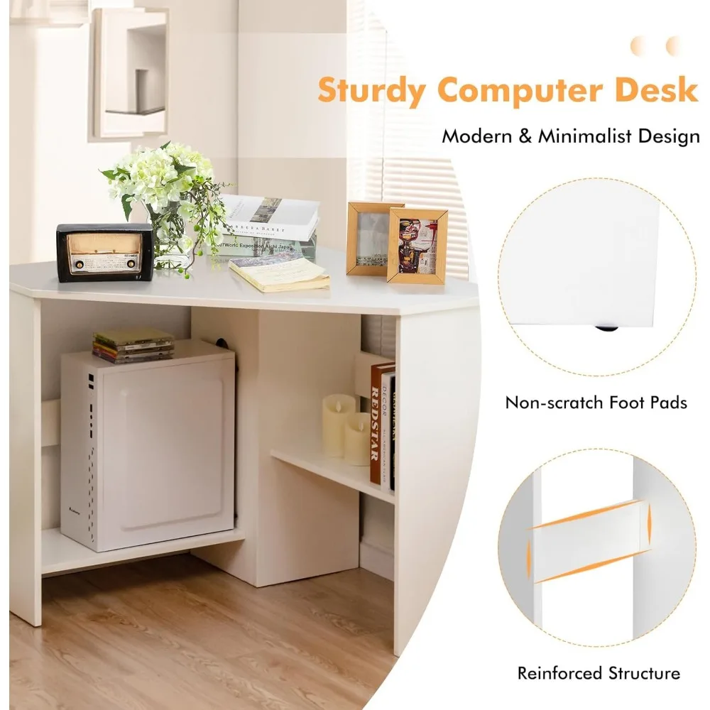 Corner Computer Desk, Space-Saving Triangular Writing Desk w/ 2 Storage Shelves & 2 Cable Holes, Multi-Functional Consol 4