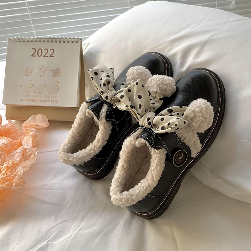 Lolita Sweet Girl Round Head Leather Shoes Winter Plus Velvet Warm Boots Women's Soft Girl Bowknot Kawai Women's Cotton Shoes