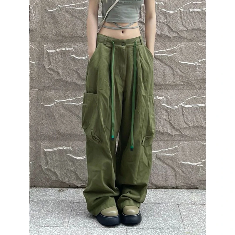Pantalones Cargo de cordón de cintura alta verde militar para mujer, pantalones de de bolsillo de moda, recto ancho de calle, Verano| | - AliExpress