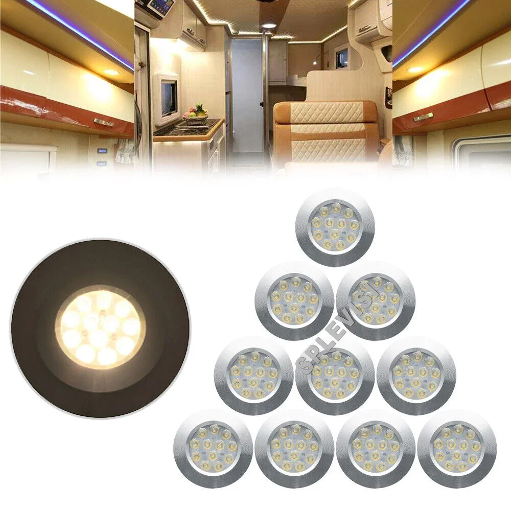 10x 12V Warm White Car RV Camper Van Caravaring  Trailer  Motorhome Embedded LED Interior Cabinet Light Ceiling Dome Lamp rv light ceiling led dual color ultra thin reading light touch control interior car dome lamp for camper caravan rv accessories