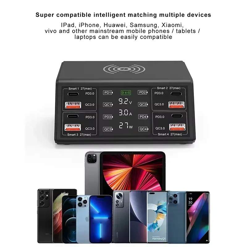 100W QC PD3.0 USB Charger Wireless Charger Quick Charge 8 Ports Multi Chargers Fast Charging Station For iPhone Samsung Xiaomi