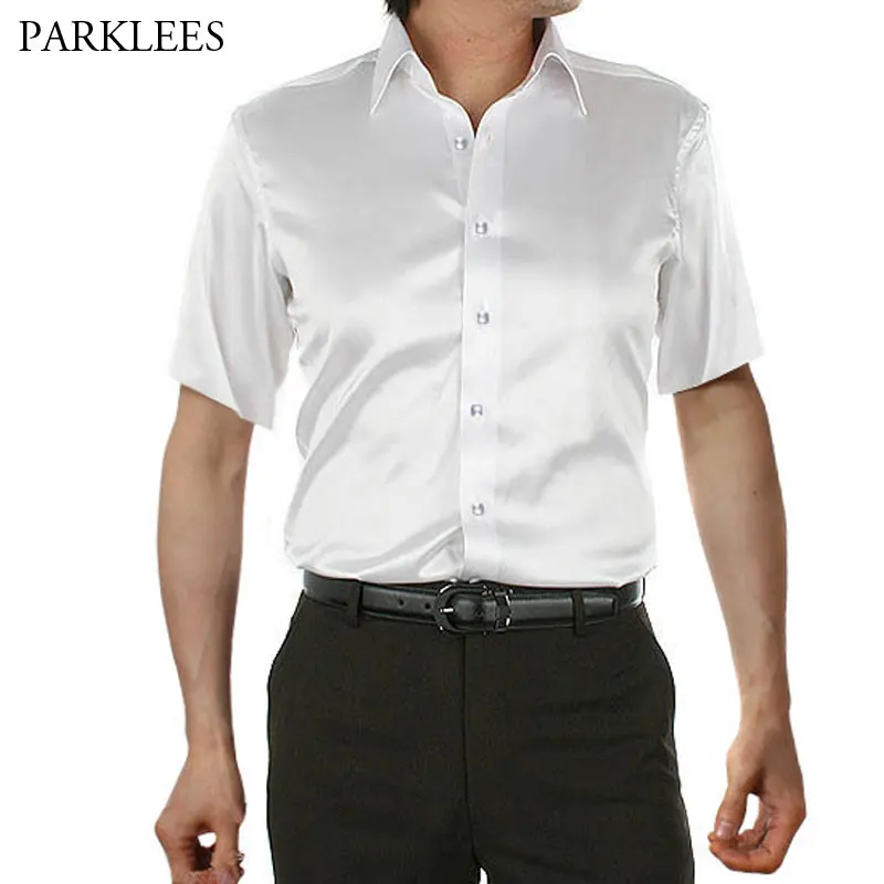 Stylish Gold Silk Satin Shirt Men Chemise Homme 2019 Casual Short Sleeve Slim Fit Mens Dress Shirts Business Camisa Masculina 3