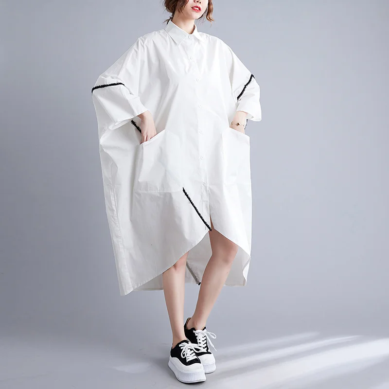 

#3483 White Women Asymmetrical Shirt Dress Batwing Sleeve Loose Front Buttons Midi Dress Big Pockets Turn-down Collar Summer2023