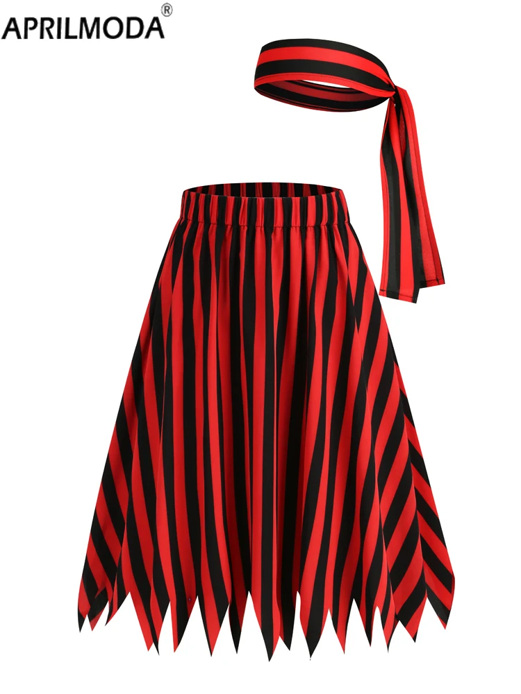 

2023 Red and Black Striped Print Gothic Club Skirt Elastic Waist Clothes Halloween Women Raw Hem Vintage Style A-Line Midi Skirt