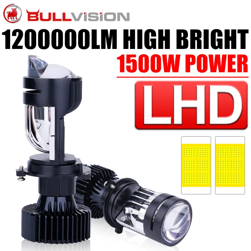 

Bullvision H4 Bi LED Lens 1200000LM 1500W Mini Projector Lenses 7535 CSP Canbus High Low Beam LHD 6500K Turbo Lights 12V 24V 36V