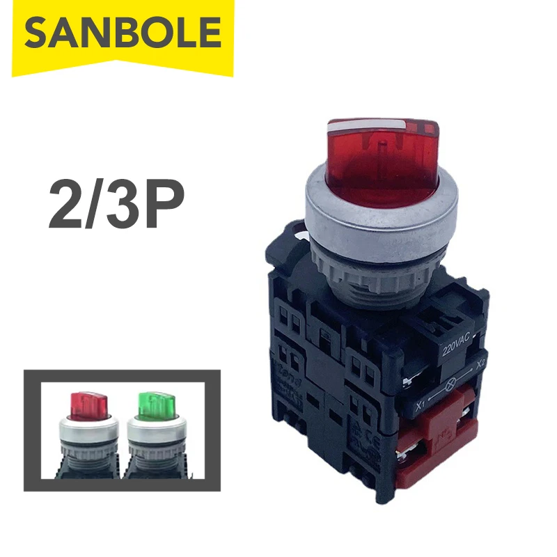 

Rotary Button Switch With Lamp 2/3 Positions TN2 Selection Latching Rotating Knob Control Red Handle 22mm NO/NC