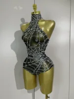 STOCK New Sparkly Diamond Sexy Mesh Stretch Bodysuits Women Evening Nightclub Bar Party Show Gogo Dancer Clothing Stage Costume - Image 2