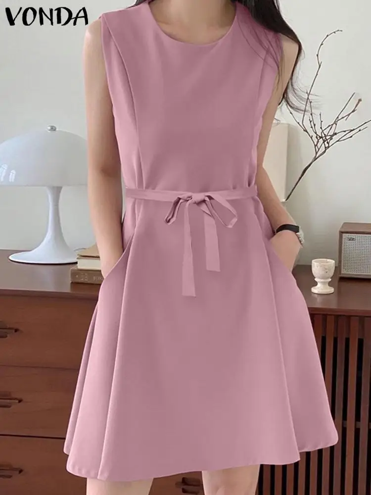

2023 VONDA Summer Elegant Tank Dress Women Casual Solid Color Mini Sundress Belted Loose Sleeveless Short Party Vestidos Femme