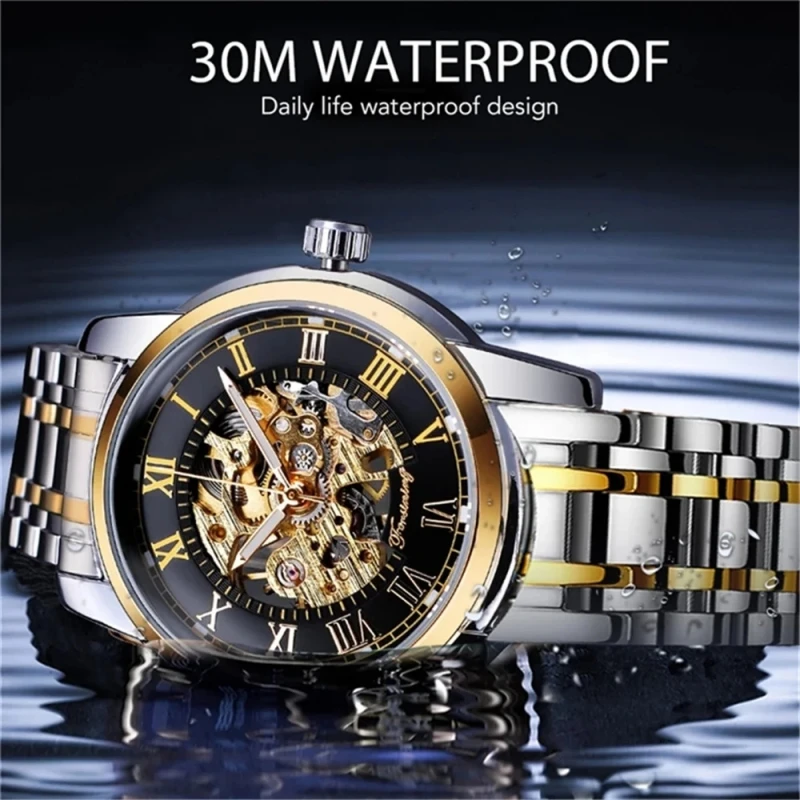 Forsining 349 Luxury Fashion Skeleton Hollow Mechanical Stainless Steel Men Clock Business Wristwatch images - 6