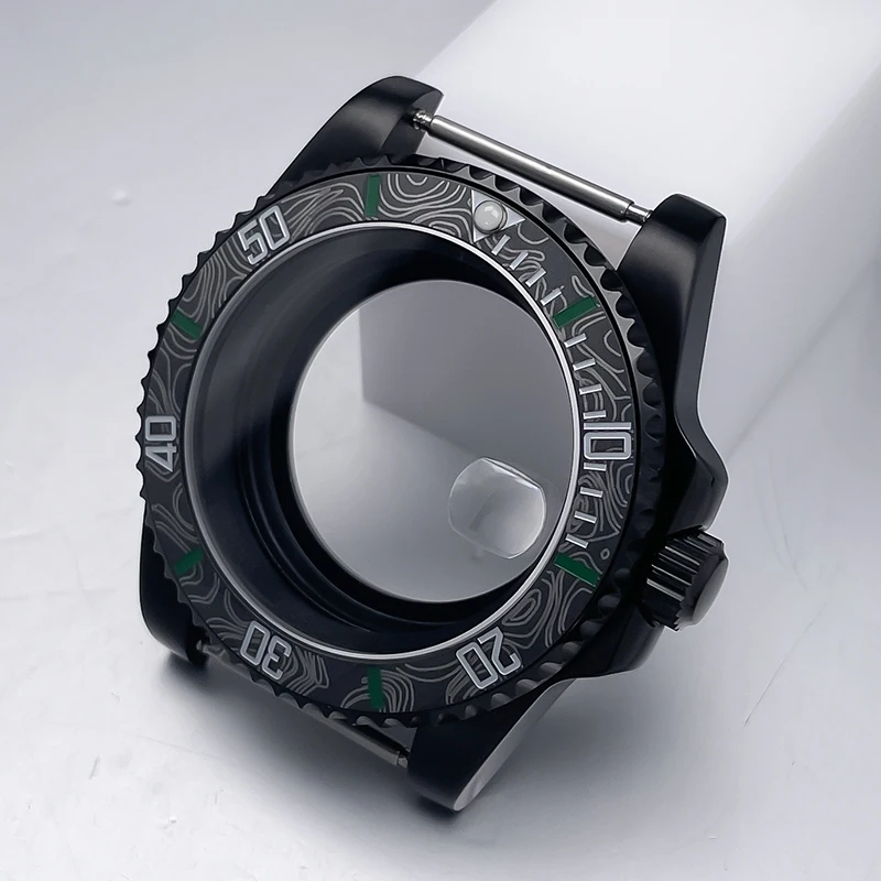 All-Black Sub Style Watch Case with Rubber Strap and Sapphire Crystal