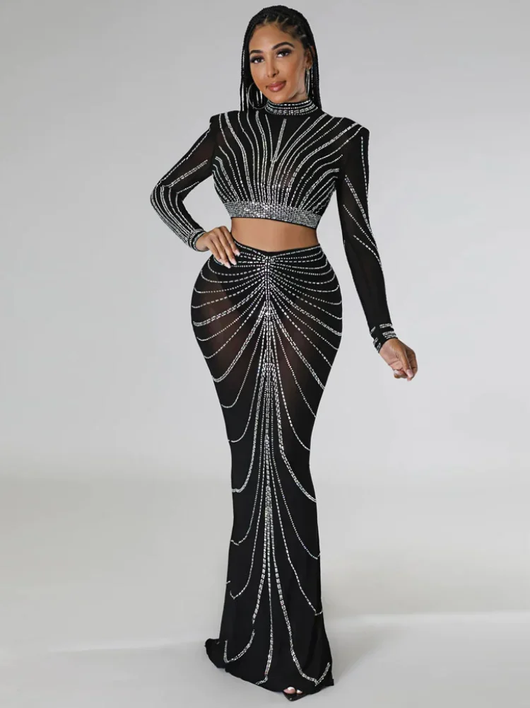 

WUHE Sexy Sparkly Crystal Rhinestone Two Piece Set Mesh Sheer Long Sleeve Crop Top and Long Skirt Night Club Party Women Suits