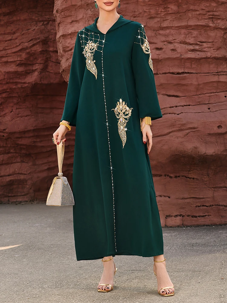 Mia Muse Ramadan Essentials Women's Muslim Elegant Abaya Dress V Neck Long Sleeve Maxi Sequined Floral Glamour Dress 1