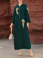 Mia Muse Ramadan Essentials Women's Muslim Elegant Abaya Dress V Neck Long Sleeve Maxi Sequined Floral Glamour Dress 1