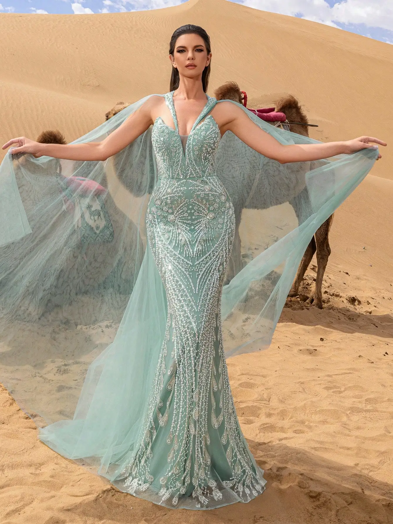 رائع اغراق الرقبة حورية البحر تنحنح مطرز فساتين ال...