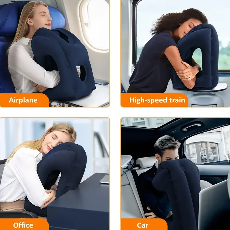 Lightweight and Portable Ergonomic Blue Inflatable Travel Pillow for Long Flights, High-Speed Trains, Office Naps, and Car Rest