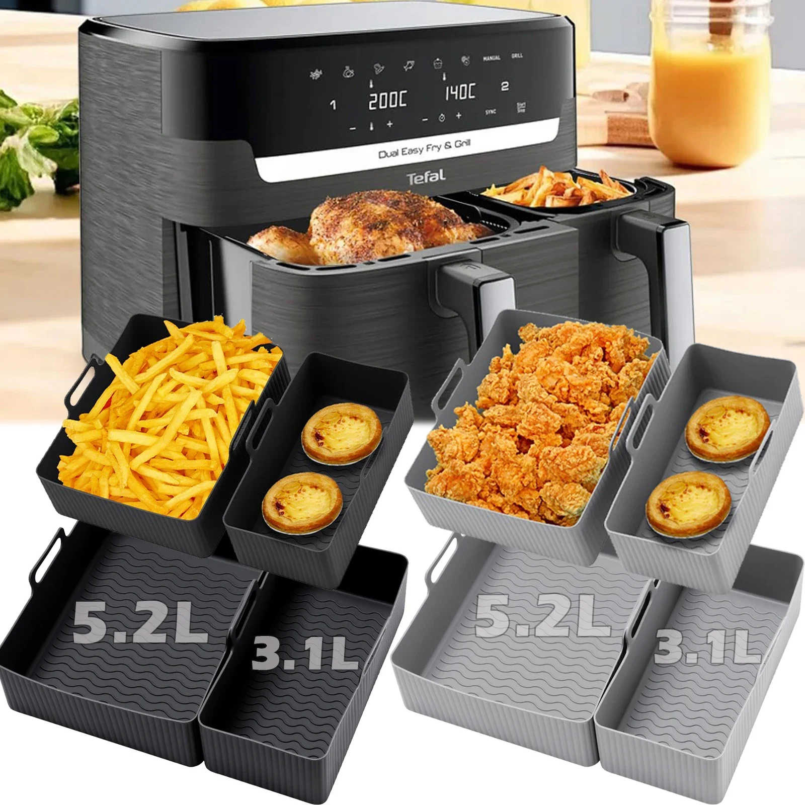 Tefal 에어 프라이어 트레이 실리콘 몰드, 재사용 가능한 오븐 베이킹 트레이, 붙지 않는 피자 그릴 팬, Ey901840 에어 프라이어 라이너 바구니 