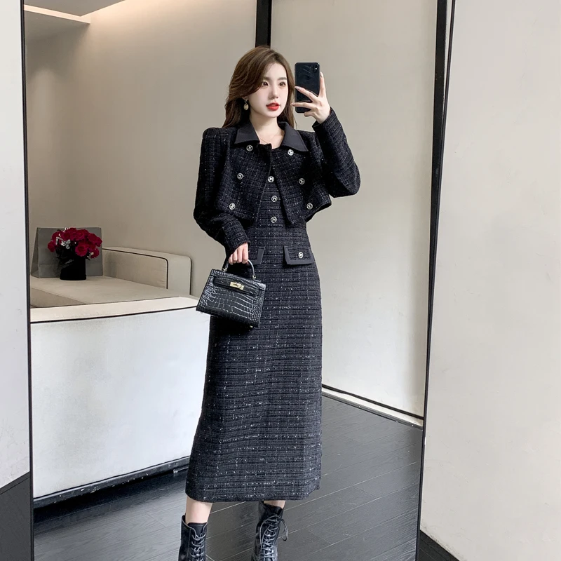美品 Luan 2WAY SHAGGY COLLAR COAT Sサイズ　完売品 Fall Winter Fashion Black Tweed Two Piece Set Women Female