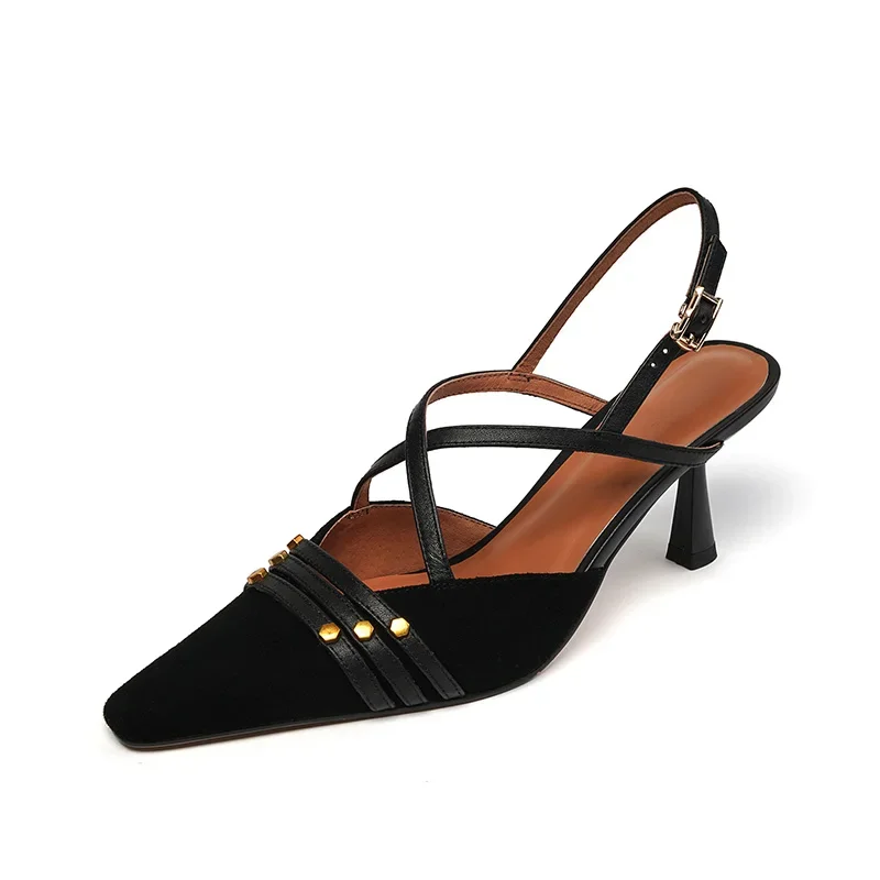 

2024 New French Sexy Feminine Pumps Retro Pointed Toe Slingbacks Ladies Shoes Buckle Strap Suede Leather Heels Shoes Women Shoes