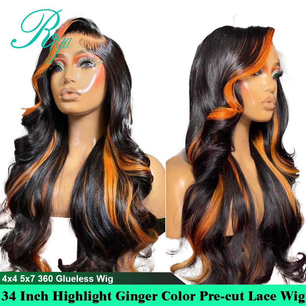 5x7 Lace Closure Wig Highlight Orange Color Wig Body Wave Glueless 34 Inch Human Hair Pre-cut Lace 360 Full