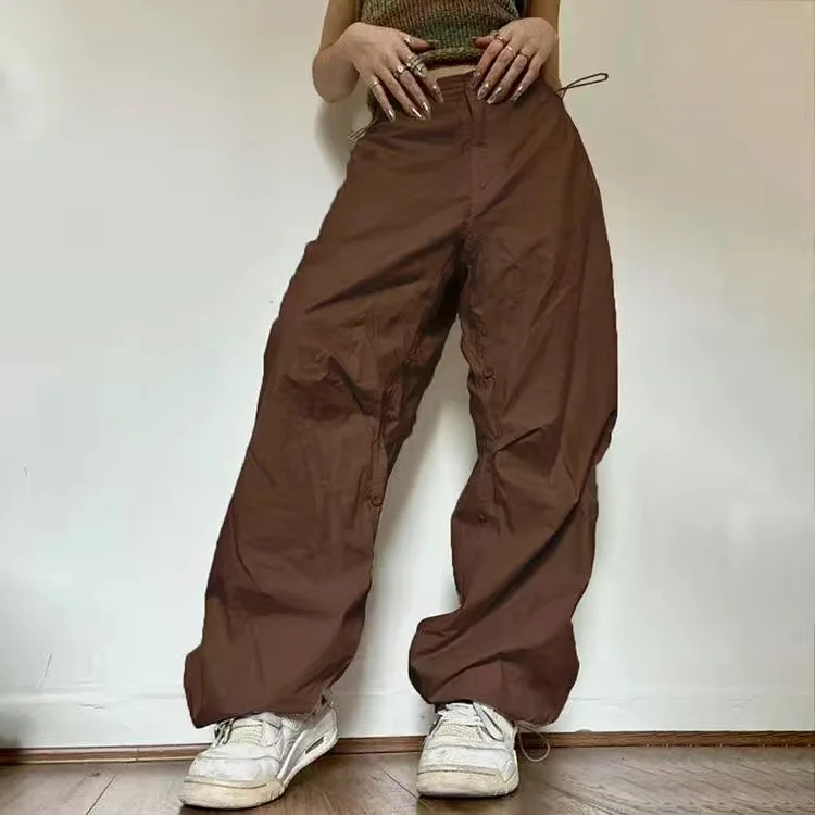 

Women Casual Joggers Tech Pants Oversized Solid Low Waist Drawstring Baggy Trousers Y2K Fashion Wide Leg Cargo Pants Streetwear