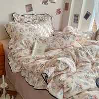 Korean Style Floral Ruffles Knitted Double Yarn Bedding Set Double King Queen Size Duvet Cover Flat/Fitted Bed Sheet Pillowcases