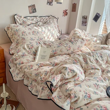 Parure de lit tricotée à volants floraux de Style coréen, ensemble de literie Double, King, Queen Size, housse de couette, drap plat/convient, taies d'oreiller 1