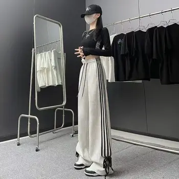 Curvy Y2K Cargo Pants 3XL-6XL: Fashion Bow Accent & Sporty Stripes Trousers, Relaxed Straight Fit, Big Size Trendy Lounge Wear