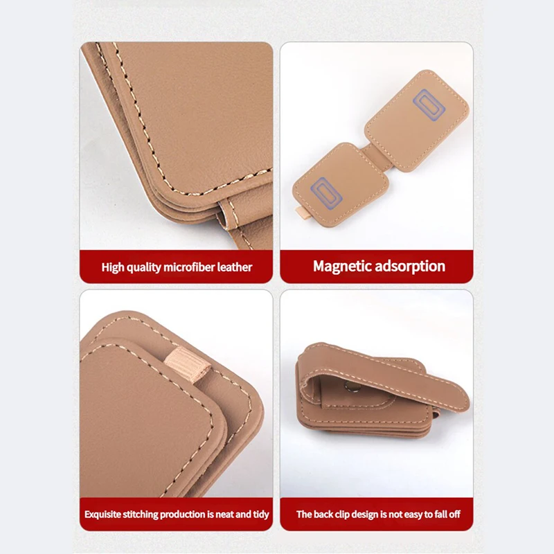 Magnetic Sunglasses Holder For Car Visor - 2 Pack Leather Clip With Hidden Magnetic Closure (Beige) - View #3
