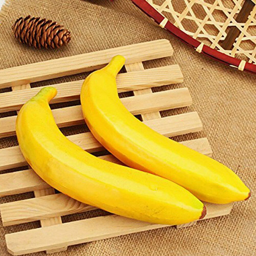 2 Stück 20 cm künstliche Bananen, dekorative Kunststoff-Fälschungsfrucht, realistische Anzeige, gelb, 19,5 x 3,5 cm, dekoratives Obst und Gemüse – Detail 1
