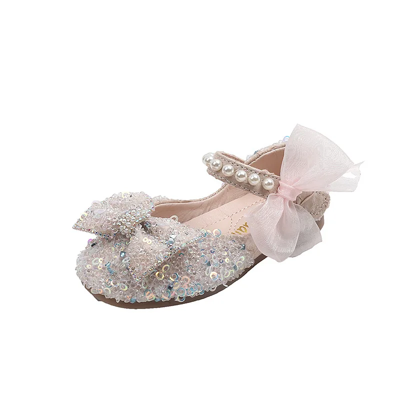 Girls shoes leather shoes girls flats AINYFU spring kids glitter pearl flat princess lace bow wedding soft bottom dance shoes