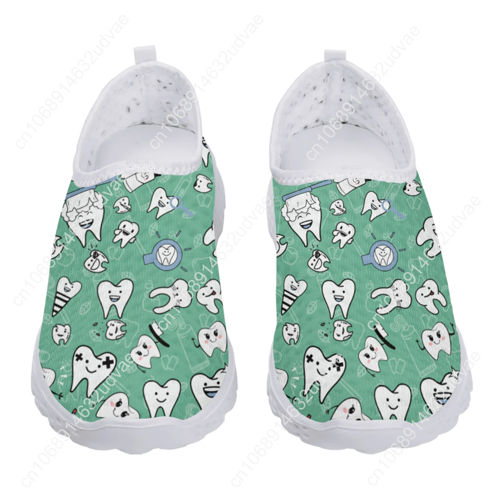 Green Funny Cartoon Teeth Print Ladies Loafers Comfortable Medical Shoes Summer Breathable Mesh Sneakers Zapatos