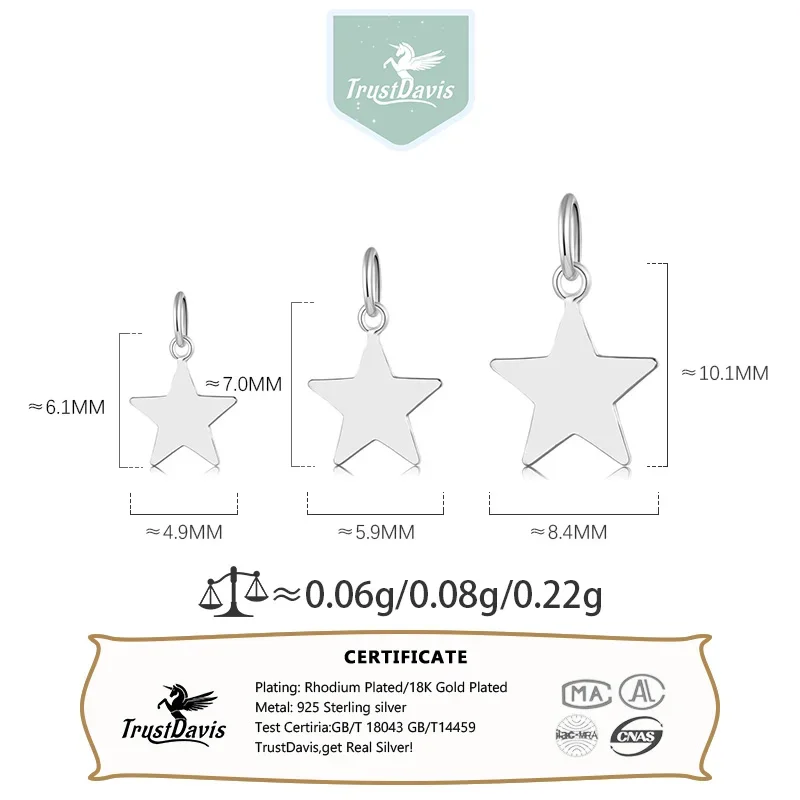 5Pcs Real 925 Sterling Silver Mini Star Charm Pendant