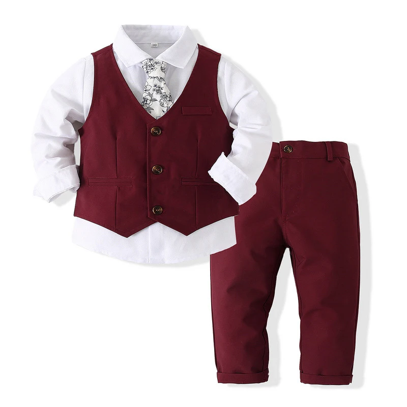 Ensemble de fêtes 4 pièces bébé garçon chemise + pantalon + gilet + noeud  pap' - rouge