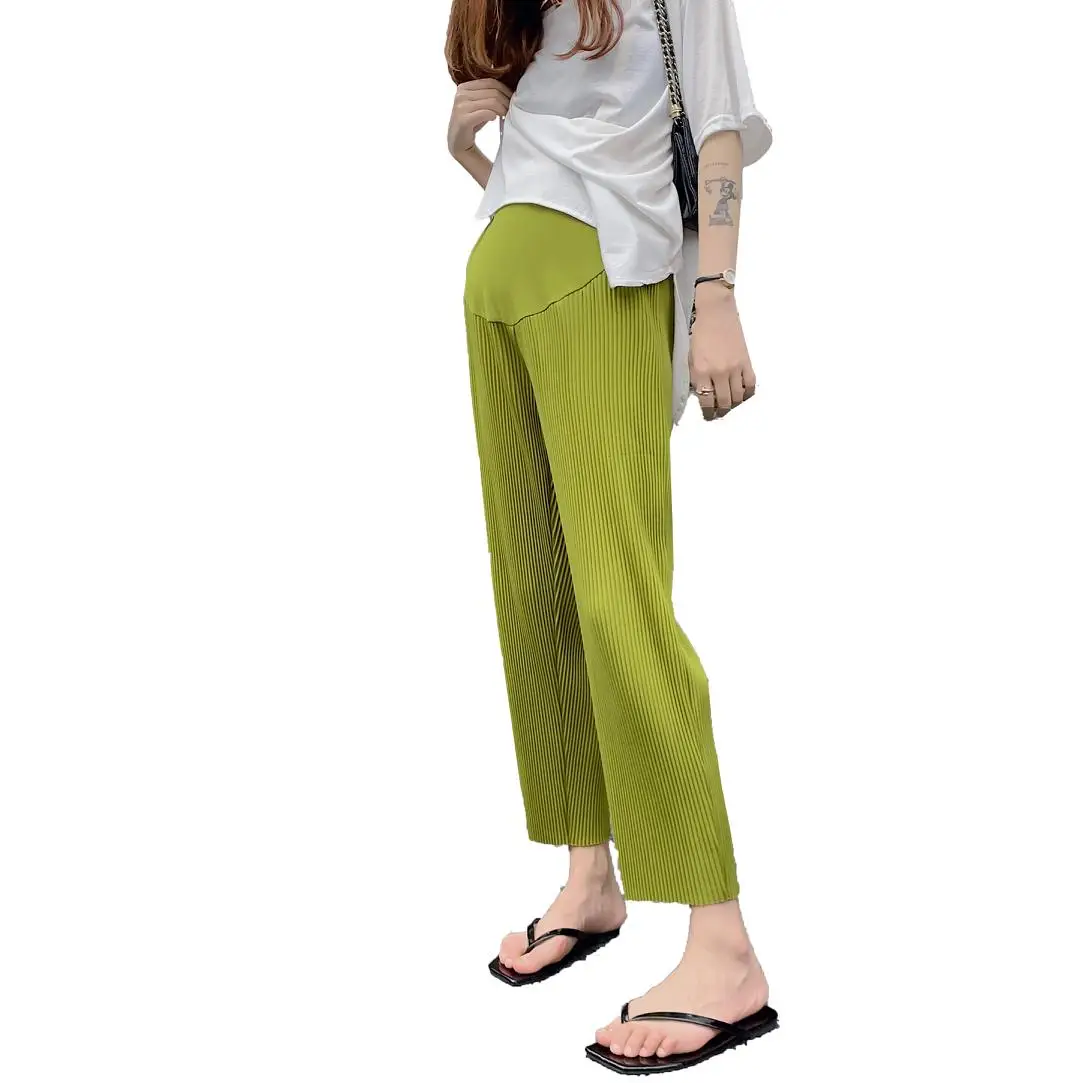 2025 Summer Pregnant Women Wide-legged Pants Pleated Straight Leisure Wear Solid Color High Waist Maternity Chiffon Trousers 2