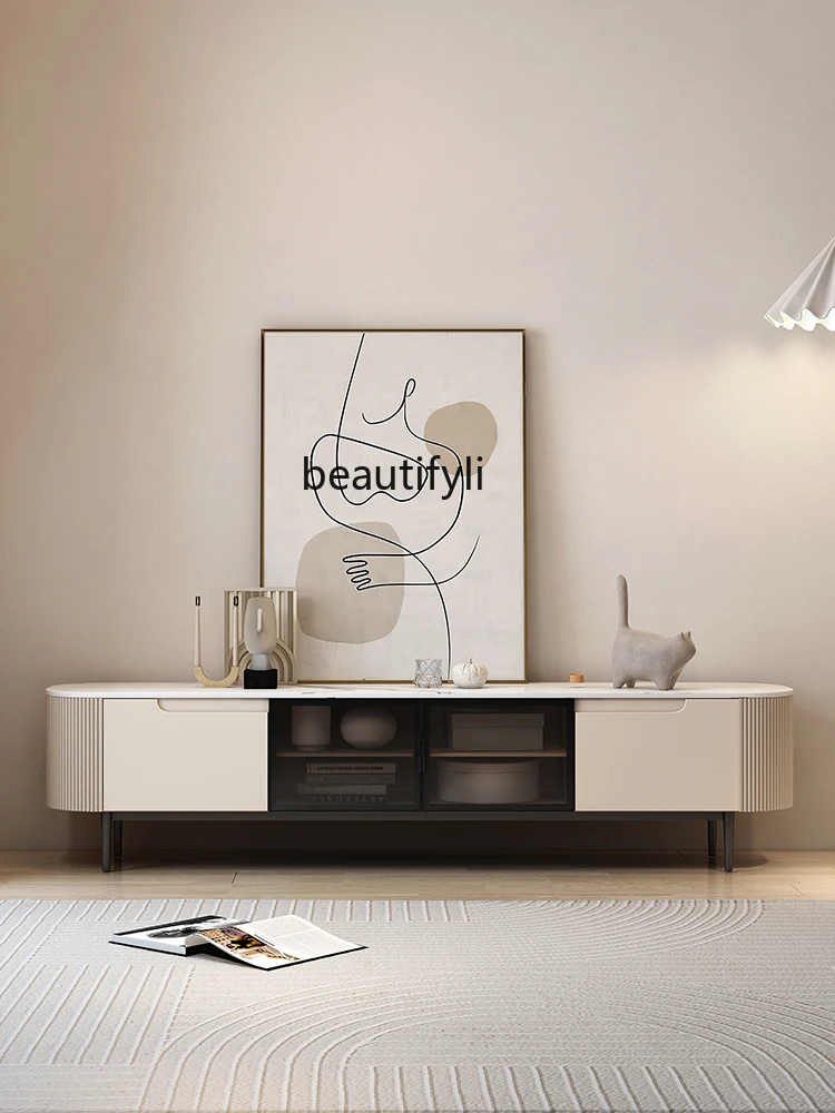 

Stone Plate TV Cabinet Nordic Small Apartment Living Room Floor Cabinet Light Luxury TV Cabinet and Tea Table Combination