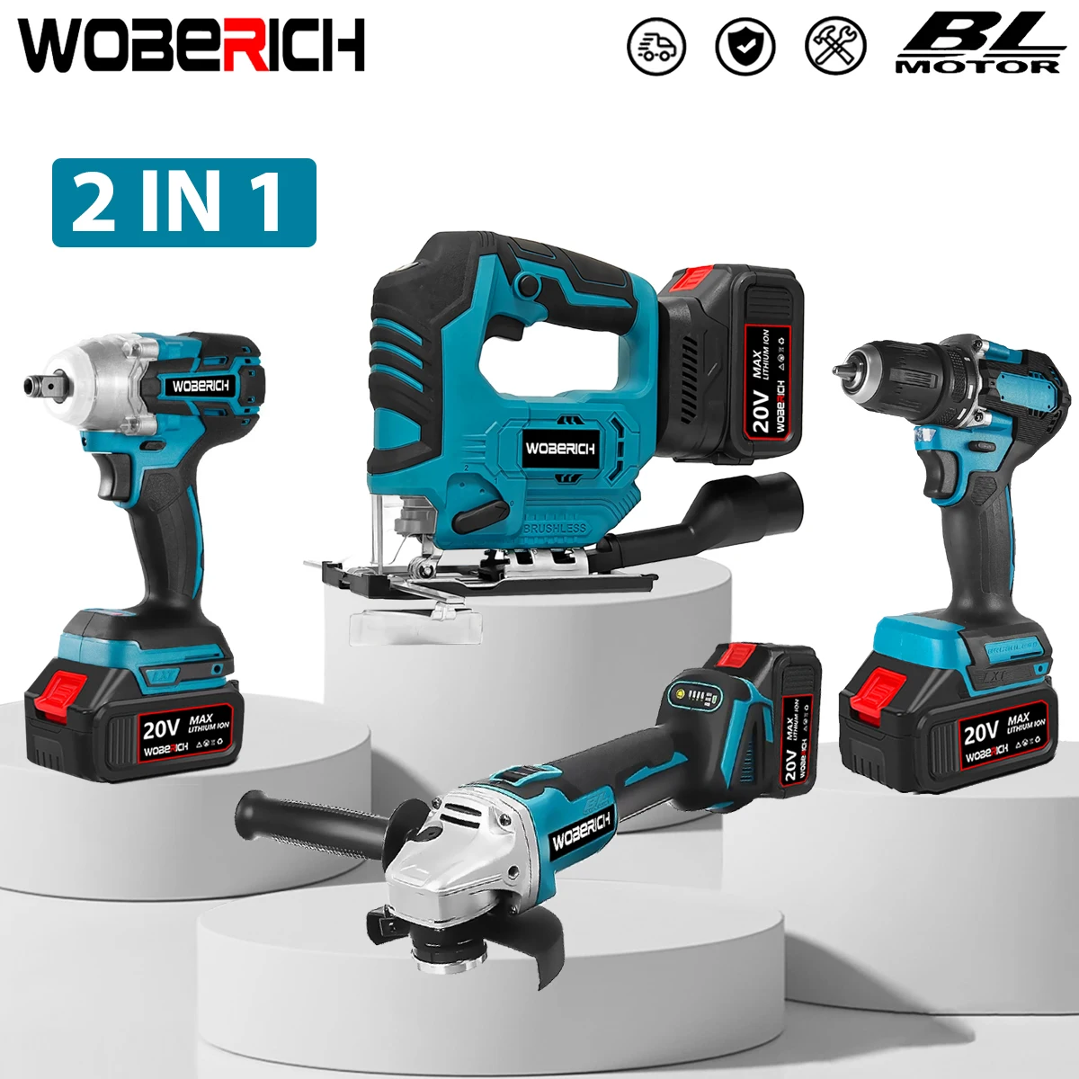 WOBERICH brushless 2 in 1 combo bits power tools electric jig saw 125mm angle grinder electric impact wrench driver drill 2x battery