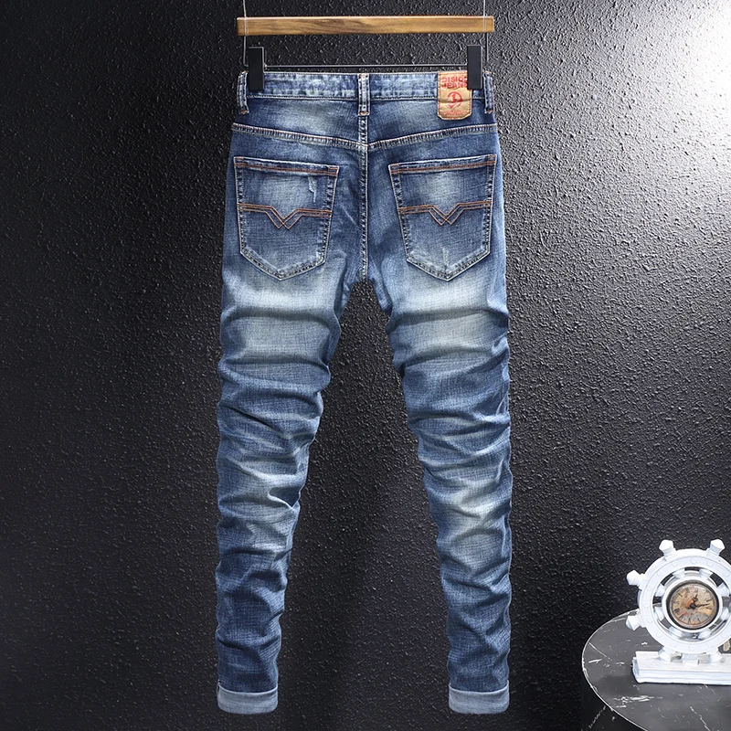 Fashion Designer Men Jeans High Quality Retro Washed Blue Stretch Slim Fit Ripped Jeans Men Embroidery Vintage Denim Pants
