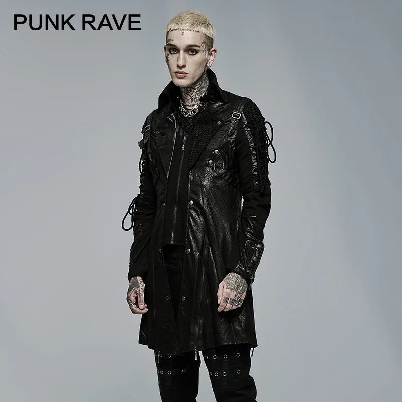 PUNK RAVE Men's Punk Style Military Jackets Faux Leather Slit Unisex Gothic Retro Men Long Coats Autumn Winter Black & Red