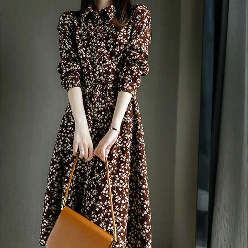 

Broken Flowers Printed Midi Dress Women's Clothing Single-breasted Spring Autumn Long Sleeve A-Line Drawstring Dresses E504